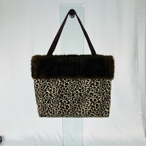 Leopard Print Faux Fur Trim Tote Large